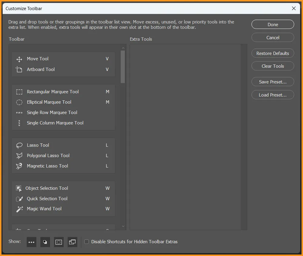Toolbar in Photoshop 3 Customize toolbar dialog box in photoshop