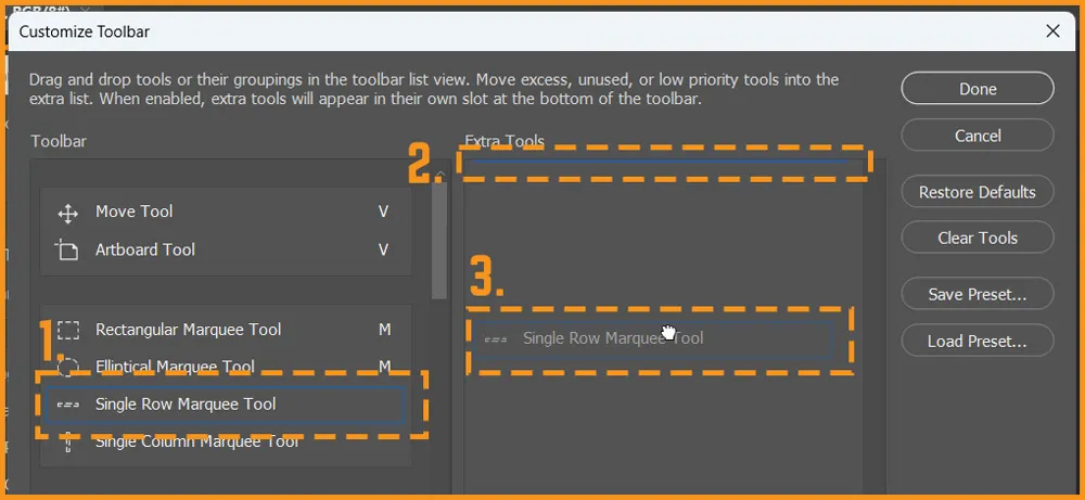 Toolbar in Photoshop 4 Moving tool from Toolbar to Extra Tools