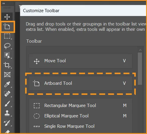 Artboard tool as a separate tool on toolbar in photoshop