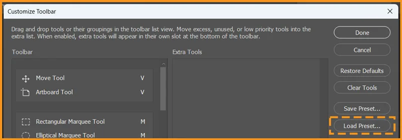 Load Preset in Customize Toolbar