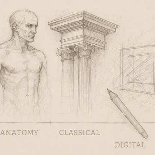 What is Sketching? A Beginner’s Guide to the Art of Drawing 4 Timeline-style rough sketch montage of historical sketch tools and styles – da Vinci-style anatomy sketch, classical architecture, and modern digital sketch lines – drawn with loose pencil lines, textured paper, faded labelling