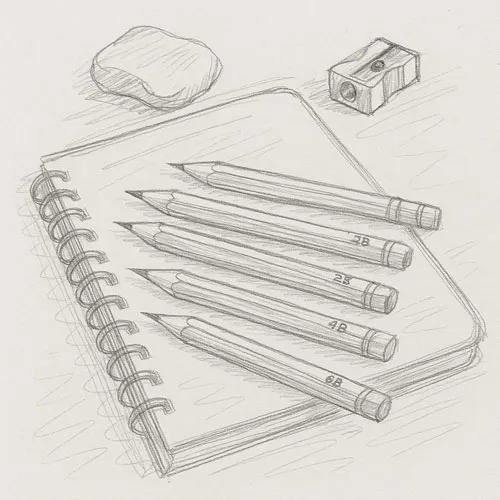 What is Sketching? A Beginner’s Guide to the Art of Drawing 19 Loose rough sketch of a few pencils (HB to 6B), kneaded eraser, notebook, and pencil sharpener, drawn with quick pencil strokes, uncolored, lines overlapping, casual workspace feel