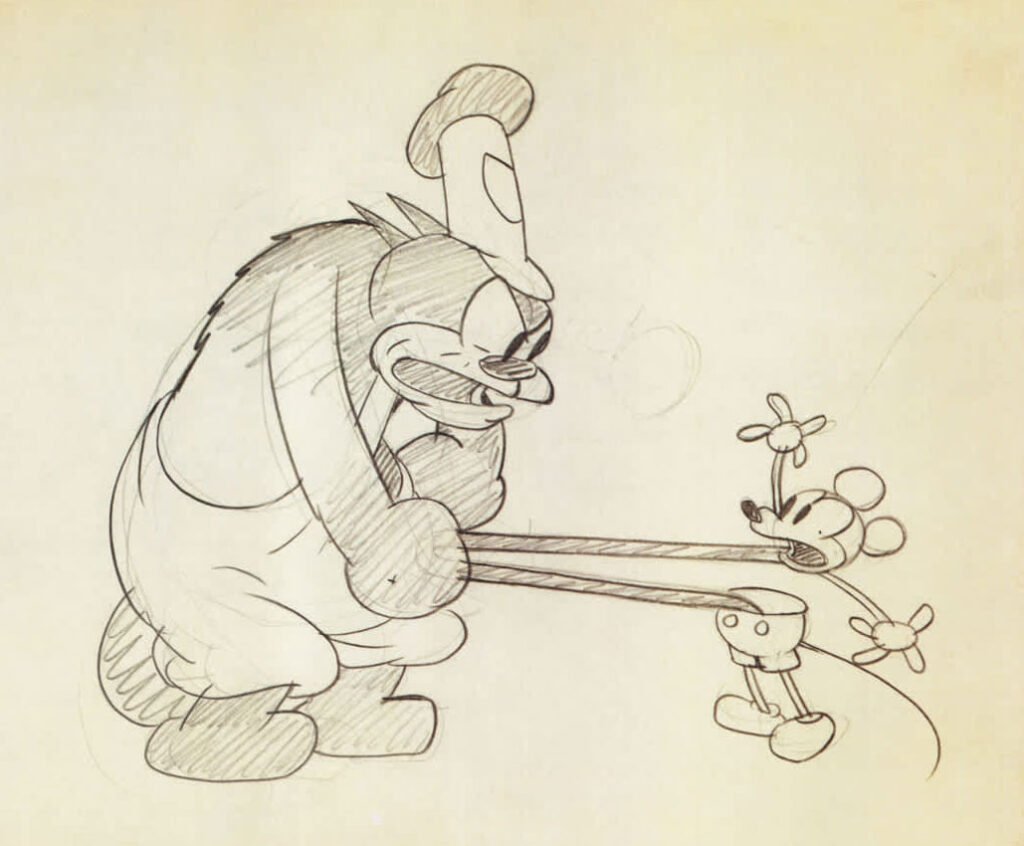 Early Disney animation sketch by Ub Iwerks featuring a dynamic interaction between a large character and Mickey Mouse