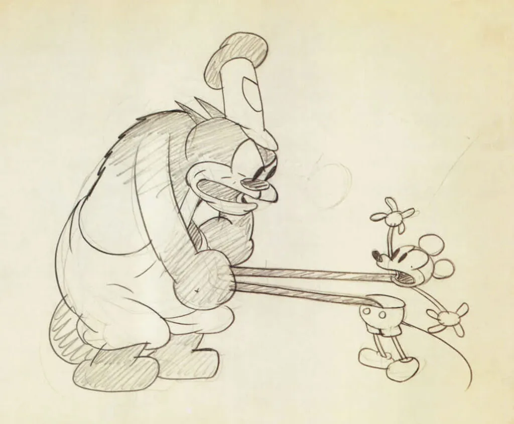 Beginner Guide to Basic Shapes for Sketches 14 Early Disney animation sketch by Ub Iwerks featuring a dynamic interaction between a large character and Mickey Mouse