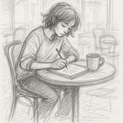 What is Sketching? A Beginner’s Guide to the Art of Drawing 1 Rough sketch style, pencil-drawn scene of a person seated at a cafe, doodling freely in a notebook, sketch lines visible, no color, casual and expressive strokes, imperfect lines showing motion and spontaneity