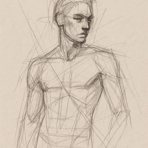 What is Sketching? A Beginner’s Guide to the Art of Drawing 16 Half-done rough figure sketch in pencil, head and torso visible with gesture lines and blocked shapes, face partially rendered, messy and expressive pencil work on textured sketch paper
