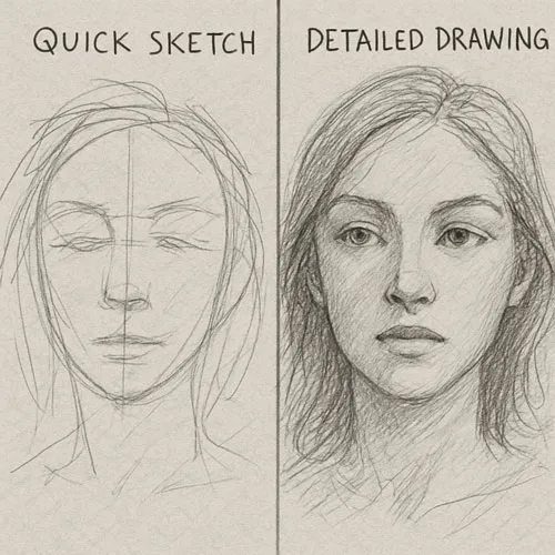 What is Sketching? A Beginner’s Guide to the Art of Drawing 3 Two-panel rough pencil illustration comparing quick sketch and detailed drawing of a face, left side loose lines and basic features, right side more refined but still sketchy, sketchbook paper texture, strokes visible