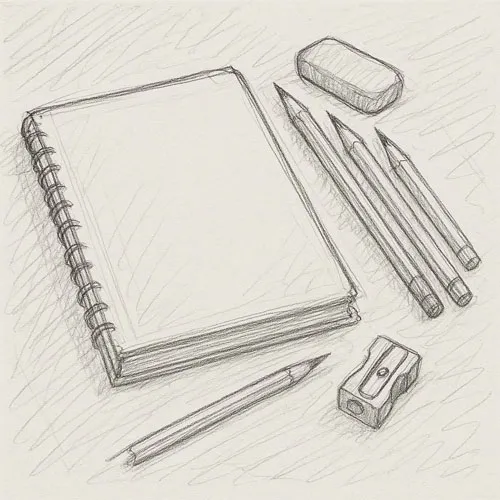 What is Sketching? A Beginner’s Guide to the Art of Drawing 18 Rough pencil sketch of a flat-lay arrangement with sketchbook, pencils, eraser, and sharpener on a tabletop, sketchy lines, minimal shading, overlapping lines, raw hand-drawn appearance