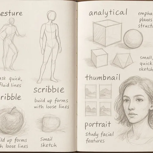 What is Sketching? A Beginner’s Guide to the Art of Drawing 6 Sketchbook spread with roughly sketched labeled examples of sketch types: gesture, contour, scribble, analytical, thumbnail, and portrait; hand-written notes in the margins, soft pencil lines, no color, organic and imperfect aesthetic