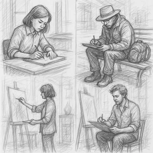 What is Sketching? A Beginner’s Guide to the Art of Drawing 5 Expressive black and white rough sketch of multiple people sketching in various settings: a student indoors, a traveler on a bench, an artist in a studio; drawn in loose pencil strokes with visible construction lines, casual perspective